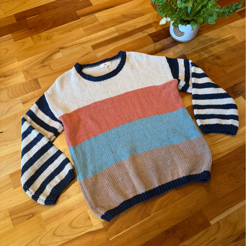 Entro Color Block Sweater | Size Medium | Blue & Cream Striped Balloon Sleeves